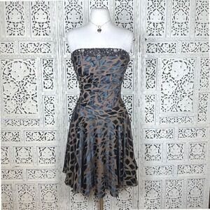 Tony Bowls Evenings Silk Giraffe Animal‎ Print Ruched Strapless Beaded Dress